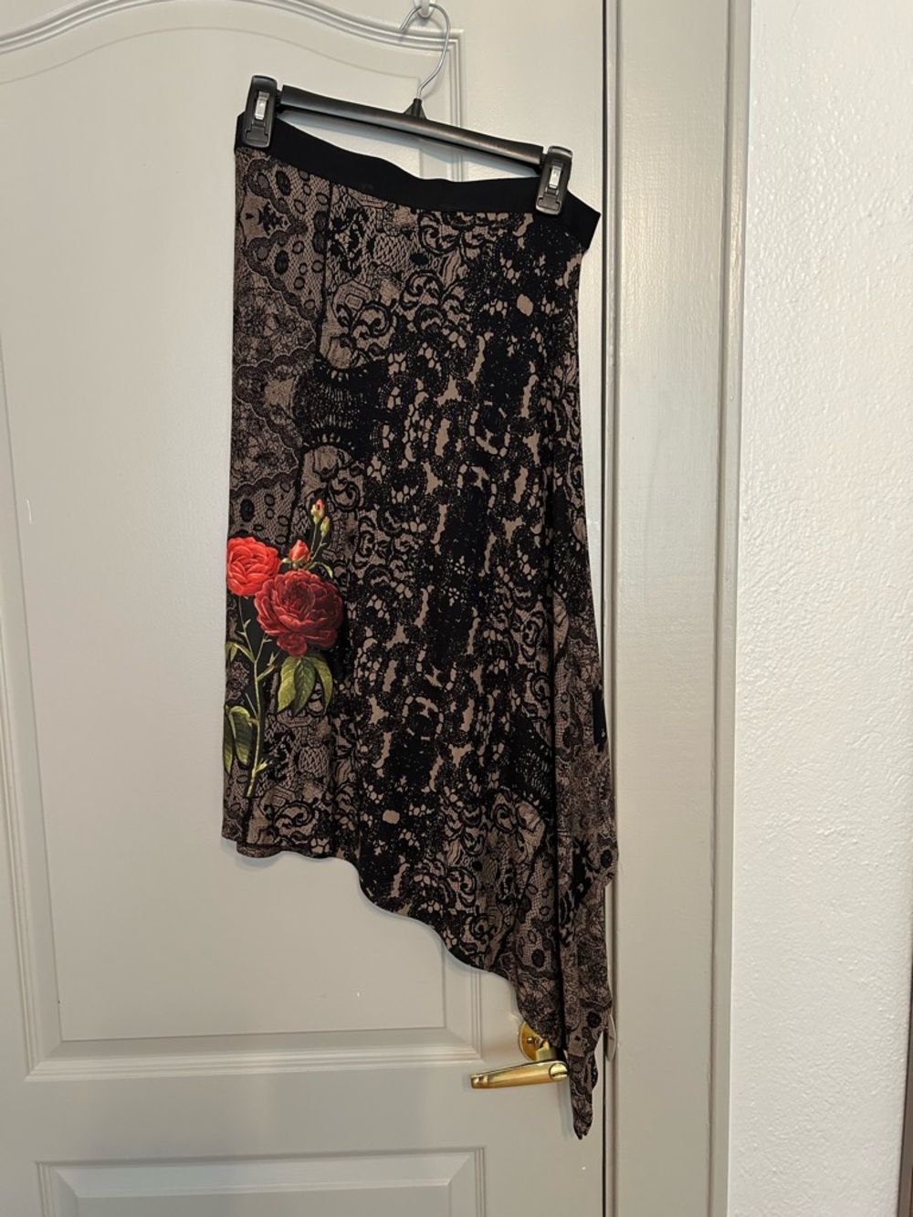 Desigual Black Lace-Print Asymmetrical Skirt with Red Rose Detail - Never used